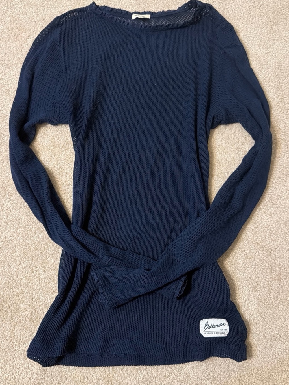 Bellerose Navy Open-Knit Crew Neck Top